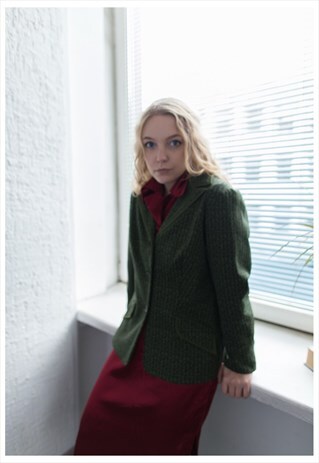 VINTAGE 70'S GREEN HERRINGBONE PRINT BLAZER