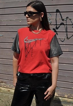 Y2K vintage reworked Nike silver metallic mesh sleeve tshirt