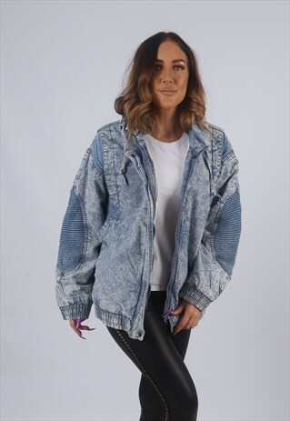 VINTAGE DENIM BOMBER JACKET OVERSIZED ACID WASH UK 14 (KBG)