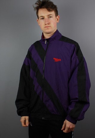 VINTAGE REEBOK WINDBREAKER JACKET IN BLACK WITH EMBROIDERY