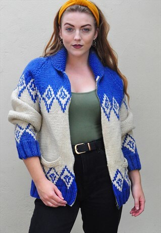 VINTAGE NORDIC PATTERN CHUNKY WOOL OVERSIZE CARDIGAN