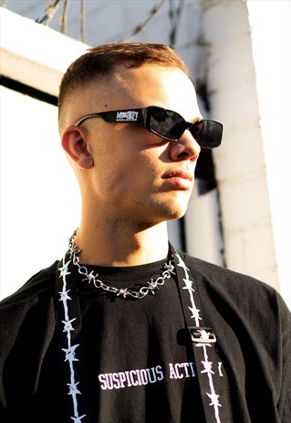 LOGO DESIGN RECTANGLE UNISEX SUNGLASSES IN MIRROR BLACK