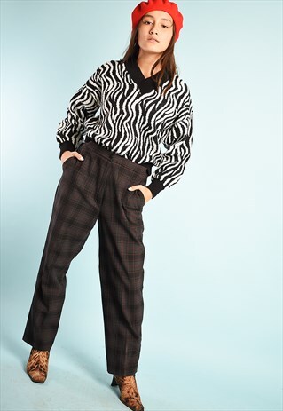 VINTAGE 80S RETRO CHECKED PATTERN REGULAR WAIST TROUSERS