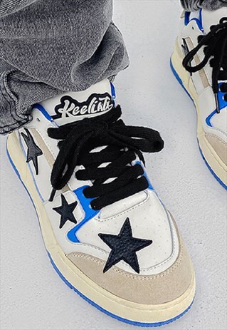 STAR PATCH SNEAKERS FAUX LEATHER TRAINERS IN WHITE BLUE