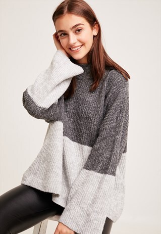 COLORBLOCK MOCK NECK JUMPER - DARK GREY AND LIGHT GREY