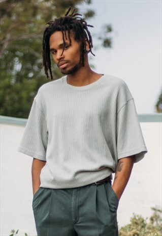90S MINIMALIST LUXURY SAGE GREEN RIB KNIT SHIRT XL