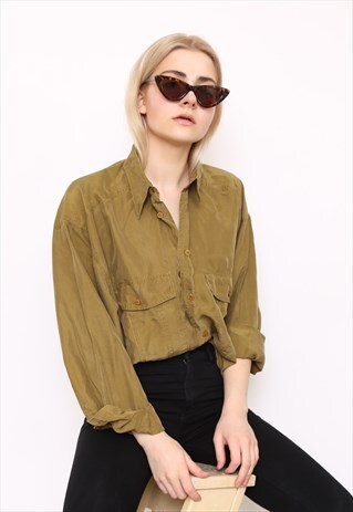 VINTAGE 90S GREEN SILK OVERSIZED BLOUSE SHIRT