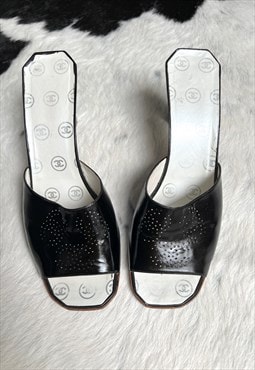 Chanel Heels Mules Sandals CC Logo Monogram Black Vintage