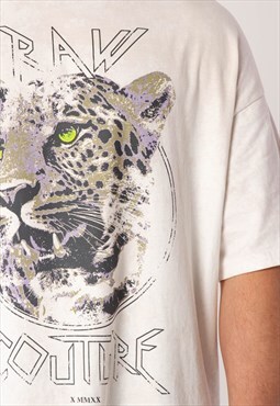 Neon Leopard graphic printed T-shirt in Washed Vintage White