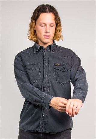 VINTAGE 90'S FADED BLACK WRANGLER DENIM WESTERN SHIRT