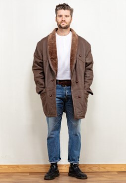Vintage 90's Men Sheepskin Leather Coat in Brown