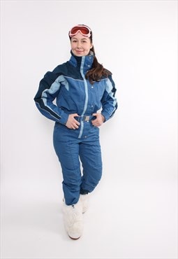 90s one piece ski suit, vintage blue ski jumpsuit, women 