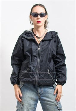 Vintage 90's Windbreaker in black hooded jacket Jeantex