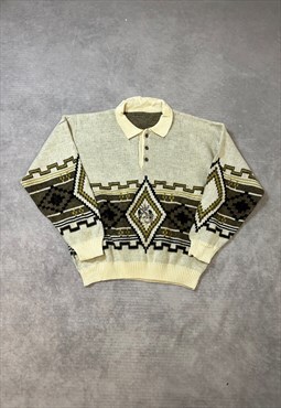 Vintage Abstract Knitted Jumper 1/4 Button Patterned Sweater