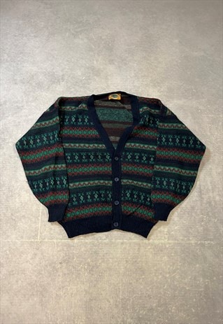 VINTAGE ABSTRACT KNITTED CARDIGAN PATTERNED GRANDAD SWEATER