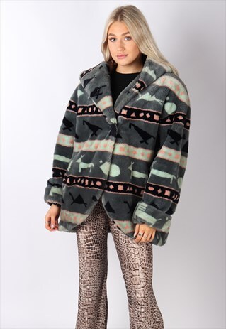 VINTAGE CHUNKY FLEECE OVERSIZED JACKET XL HOODIE SWEATER 90S