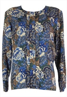 Vintage Blouse 80s Bohemian Blue Floral Long Sleeve