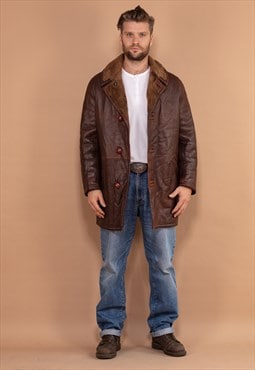 Vintage 70's Men Leather Sherpa Coat in Brown