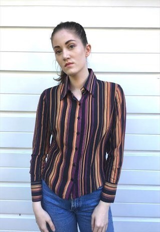 WOMENS BLACK VINTAGE 80S BLOUSE SILK SHIRT STRIPY BUTTON UP