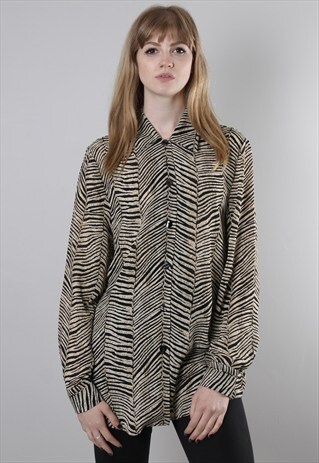 VINTAGE 80S ZEBRA STRIPE PATTERNED SHEER LONG BLOUSE SHIRT