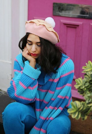 PINK BERET WITH STRAWBERRY PIE FELT DETAIL AND POM POM