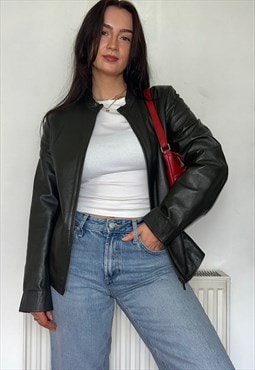 Khaki Leather Bomber Jacket Vintage