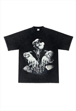 Black Washed Popeye Graphic movie Retro T shirt tee 