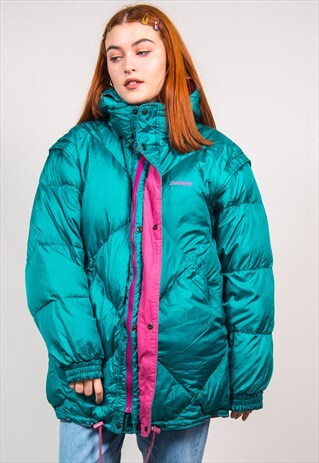 90'S GREEN OVERSIZED QUILT REVERSIBLE PUFFER COAT JACKET