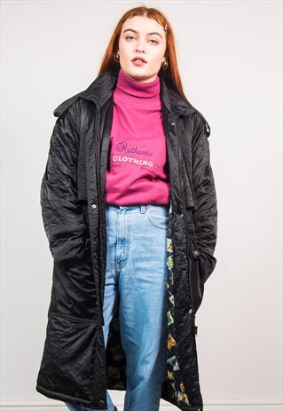 VINTAGE 90'S BLACK SILKY LONG PARKA STYLE COAT