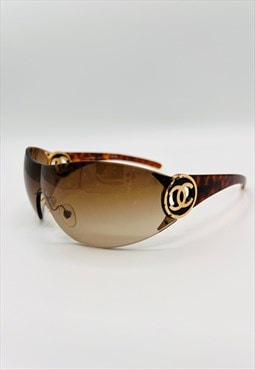 Chanel CC Sunglasses Rimless Shield Wrap Oversized Brown 
