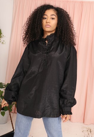 VINTAGE 70S BLACK BLOUSE WITH BISHOP SLEEVES