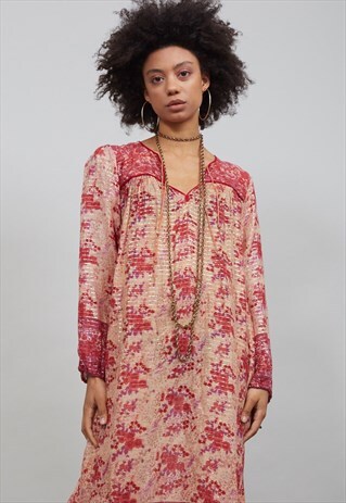 70'S VINTAGE RED AND PINK INDIAN COTTON MAXI DRESS