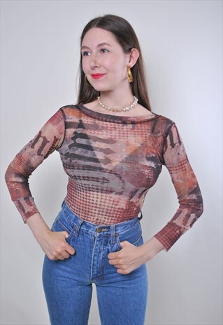 WOMEN VINTAGE RED TRANSPARENT PULLOVER RAVE BLOUSE
