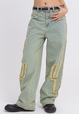 Cactus patch jeans ripped pants in washed blue