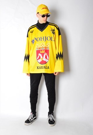 VINTAGE 90S YELLOW FINLAND HOCKEY JERSEY SHIRT