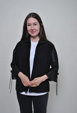 Vintage Minimalist black blouse, sheer sleeves blouse LARGE 