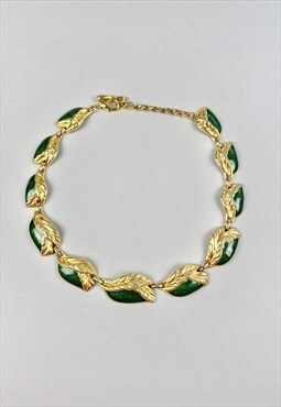 60's Vintage Ladies Necklace Gold Leaf Links Green