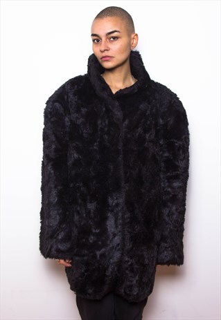 VINTAGE 80S BLACK FAUX FUR BOHO CHIC COAT ID:5023