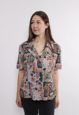 80s retro abstract print blouse, vintage v-neck short sleeve