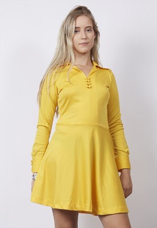 VINTAGE 70'S YELLOW COLLARED BUTTON SKATER DRESS