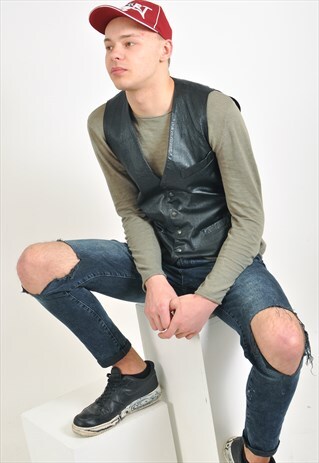 VINTAGE REAL LEATHER VEST IN BLACK