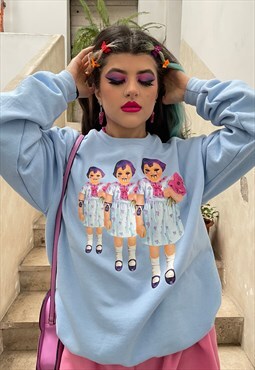 Blue Oversized Sweater with Beetles Triplets Print HALLOWEEN