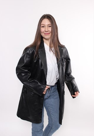 Vintage trench coat 90s woman leather jacket, black overcoat