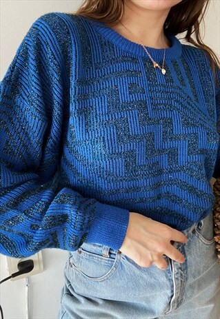 VINTAGE 80S ART DECO ABSTRACT UNISEX KNIT JUMPER SWEATER