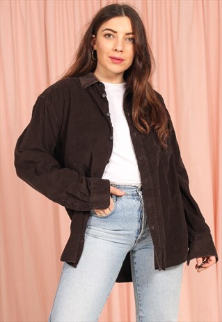 VINTAGE 80S OVERSIZED CORDUROY SHIRT IN BROWN