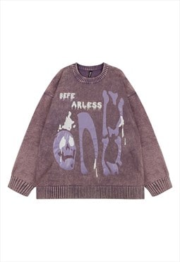 Gothic sweater skull patch jumper knitted punk top in brown