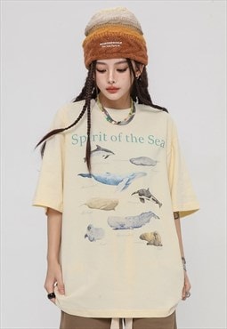Sea life t-shirt whale tee grunge fish top in cream 