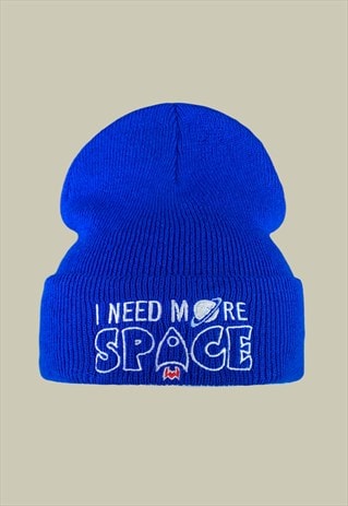 NEED MORE SPACE BLUE EMBROIDERED BEANIE HAT IN ROYAL BLUE
