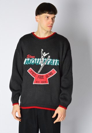 VINTAGE 80S GREY GRAPHIC SKI WOOL BLEND JUMPER
