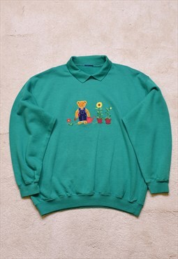 Women's Vintage 90s Teddy Embroidered Green Sweater